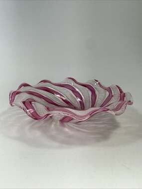 Vintage Latticino Murano Pink with Gold Accents Ruffled Bowl